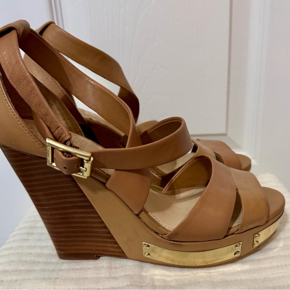Vince Camuto Brown and Gold Wedge Sandals